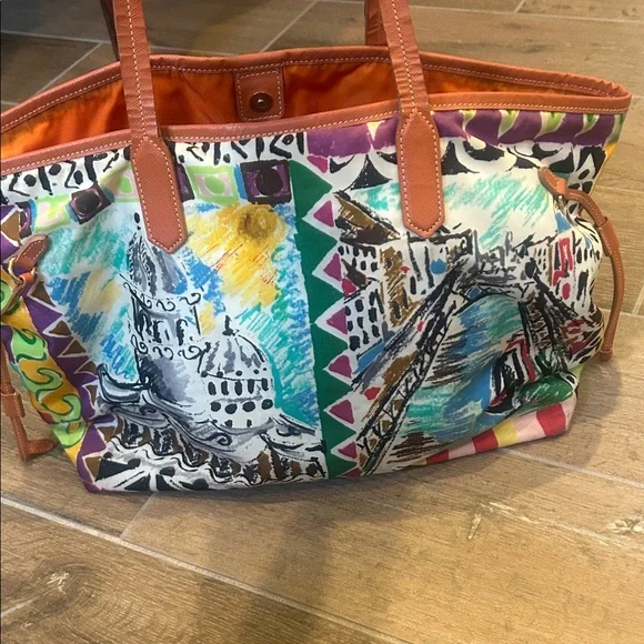 PRADA Venice Print Top Handle Tote Bag nylon Canvas x Leather